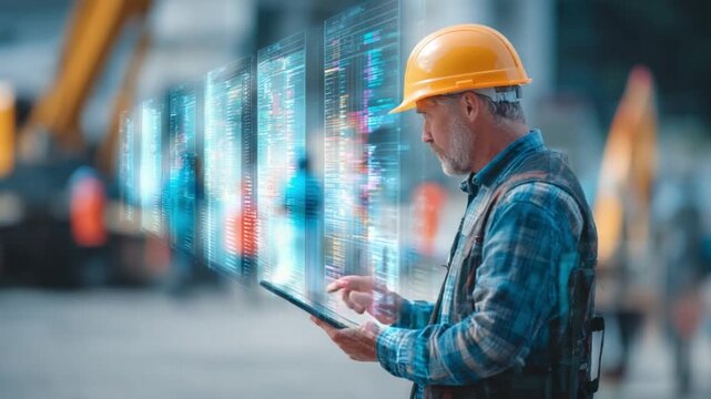 Construction Site Inspector: A focused construction worker uses tablet, inspecting the project site with holographic overlays, blending technology and practicality in a dynamic environment.