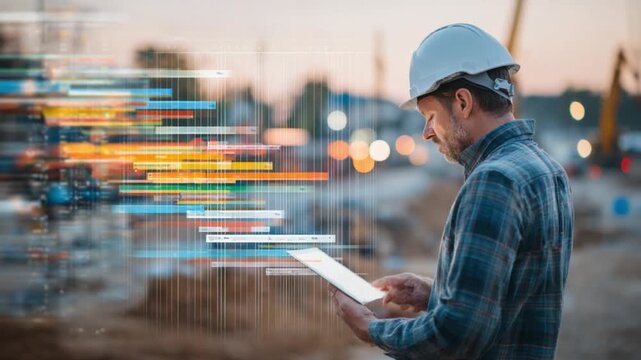 Building Plan: A focused construction worker studies a digital construction plan on a tablet, overseeing a busy construction site with multiple machines in motion.