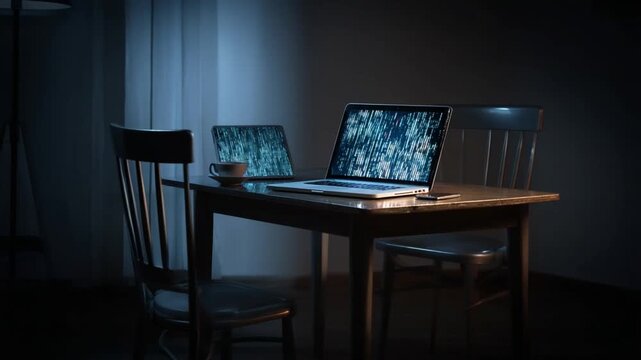Digital Workspace: A modern home office bathed in the soft glow of a dimly lit room, with two sleek laptops positioned on a wooden table, suggesting work or study. 