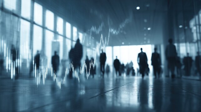 Abstract Financial Graph Overlay with Business People Walking in Modern Office Environment - Powered by Adobe