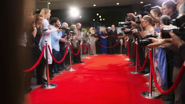 Red Carpet Debut: The captivating allure of a vibrant red carpet beckons, lined with velvet ropes and poles, where paparazzi eagerly await, their cameras poised to capture every moment.