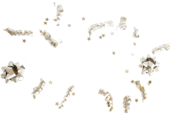 Silver Christmas decor confetti stars and streamers isolated png cutout object on transparent background. Holiday, New Year Christmas design elements