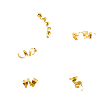 Gold confetti streamers frame isolated png cutout object on transparent background. Holiday, New Year Christmas design elements