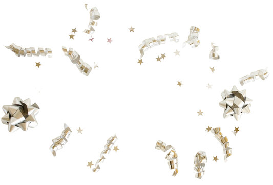 Silver Christmas decor confetti stars and streamers isolated png cutout object on transparent background. Holiday, New Year Christmas design elements
