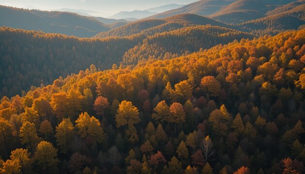 Stunning autumn landscape featuring vibrant fall foliage blanketing rolling hills and mountains, perfect for travel, adventure, or seasonal promotions - Powered by Adobe