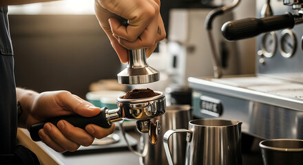 Barista Tamping Freshly Ground Coffee for Espresso Preparation Professional Coffee Making Concept