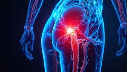 Sciatica nerve pain radiating down leg, anatomical model for medical illustration or healthcare advertising highlighting nerve inflammation and lower back discomfort