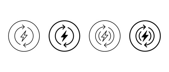 Energy cycle icon set in circular outline. Lightning bolt with circular arrow symbol