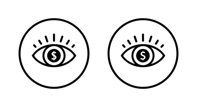 Greedy eye icon in circular outline. Money obsession and materialistic vision symbol