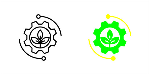 Minimal line art icon set. of a gear with a leaf inside, representing eco technology, green innovation, and sustainable industrial development.