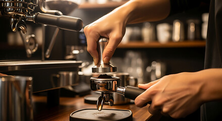 Barista preparing coffee with espresso machine, tamping ground coffee into portafilter