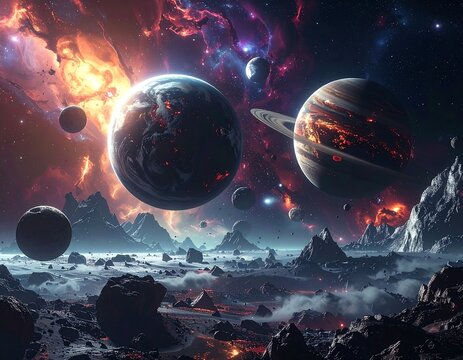 A space landscape with planets, asteroids, mountainscape, and cosmic nebulae in background