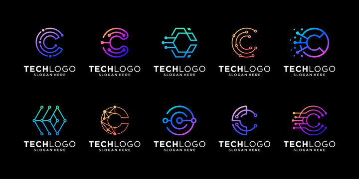 Set of initial letter C logo design. Modern circular digital wire link for futuristic internet connection logo template.