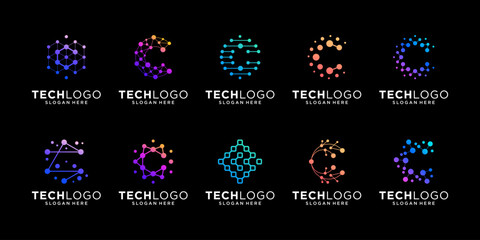 Set of abstract letter C logo design inspiration. Colorful gradient circular with connected dots vector illustration.