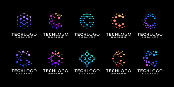 Set of abstract letter C logo design inspiration. Colorful gradient circular with connected dots vector illustration.