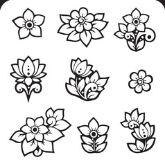 Floral Vector Motif Set — Black and White Decorative Flower Illustrations with Stylized Petals, Leaves, and Symmetrical Designs