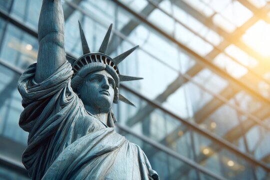 Iconic sculpture of liberty against modern glass building facade.