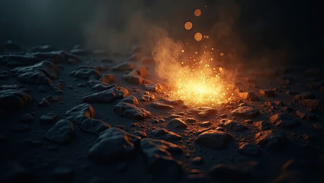 Glowing bright sparks erupt from a rocky surface, surrounded by soft atmospheric smoke, highlighting the concept of heat and energy against a dark background, emphasizing the intense, warm hues and... - Powered by Adobe