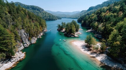 Serene Turquoise Lake Surrounded by Lush Green Forested Hills Under a Bright Blue Sky with Gentle Sunlight Filtering Through the Trees