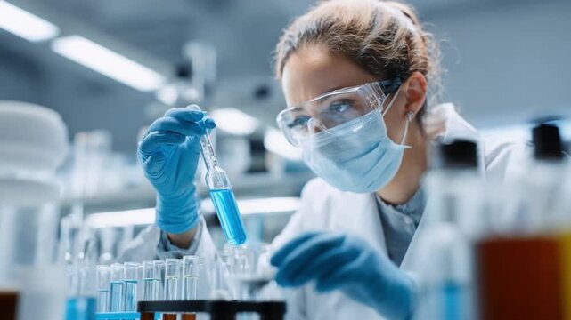 Scientific Precision: A dedicated scientist meticulously examines a vial of vibrant liquid within a sterile laboratory environment, embodying the essence of scientific inquiry and meticulous research.