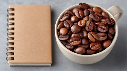 Styled Flat Lay of Roasted Coffee Beans in a Cup Next to a Notebook on a Gray Surface