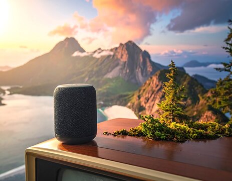 A speaker sits atop a retro television with a scenic mountain landscape backdrop