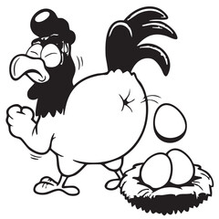Funny Chicken Laying Eggs Vector — Black and White Cartoon Illustration with Comical Expression and Nest of Eggs