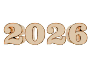 Shiny gold 3D numbers '2026' isolated on a transparent background  3D rendering