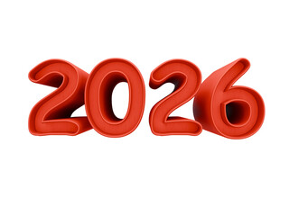 Soft 3D red-orange number 2026 isolated on a transparent background