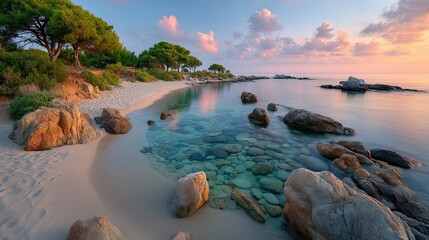 Tranquil Sunrise Over a Rocky Coastline with Crystal Clear Turquoise Water and Soft Pink Clouds