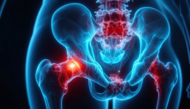 Explore the hip joint with detailed anatomical rendering for medical education, visualizing skeletal structure and potential injury for healthcare professionals