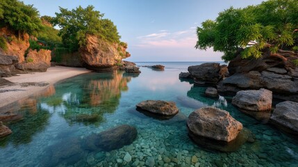 Tranquil Tropical Coastline at Dawn with Calm Turquoise Water and Lush Greenery Reflecting in the Serene Expanse
