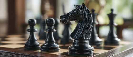 The Knight Chess Piece Leading a Strategic Battle on a Classic Wooden Chessboard