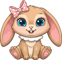 Adorable baby bunny with big blue eyes, pink bow, and fluffy fur sitting cute for kids, cad drawing flat vector illustration