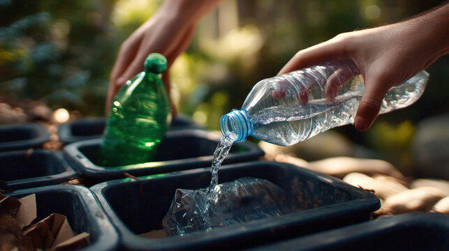 Children and parent sorting plastic bottle and pouring rinse water into recycling bin in sunny garden, eco friendly family activity