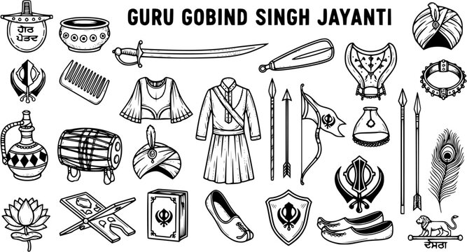 Guru Gobind Singh Jayanti Line Art Set: Sikhism Symbols, Traditional Weapons, Clothing, and Religious Artifacts Collection