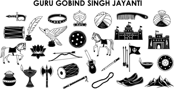 Guru Gobind Singh Jayanti Celebration: Black and White Vector Icons of Sikh Religious and Cultural Symbols with Traditional Elements