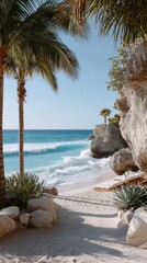 Tropical Beach Paradise Palm Trees Frame Sparkling Blue Ocean Waves on a Sunny Day with White Sand and Rocky Outcrop