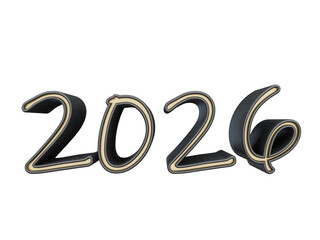 3D 2026 numbers with golden outline, isolated on a transparent background 3D rendering
