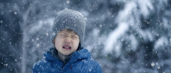 The Boy Squinting Through Heavy Snow While Wearing Blue Jacket and Gray Beanie