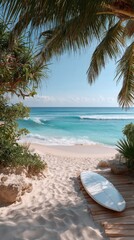 Tropical Beach Scene with Surfboard and Palm Trees on a Sunny Day with Turquoise Ocean Waves and Sandy Shoreline