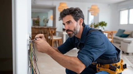 The Electrician at Work: A skilled electrician focused intensely on their craft, skillfully connecting electrical wires in a domestic setting, showcasing precision and professionalism.