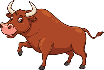 Happy brown bull cartoon standing with smile and big horns on white background, agriculture mascot animal, cad drawing flat vector illustration