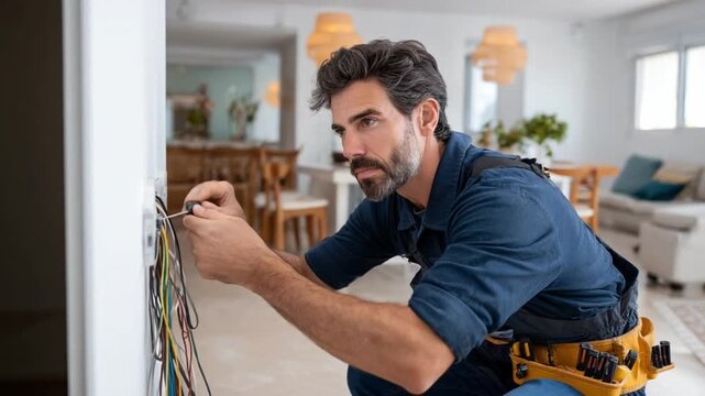 The Electrician at Work: A skilled electrician focused intensely on their craft, skillfully connecting electrical wires in a domestic setting, showcasing precision and professionalism.