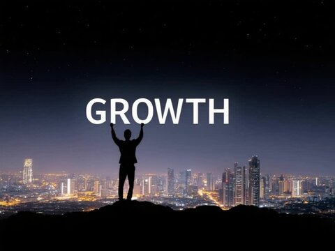 Embracing Growth and Vision: A silhouette of a person, symbolizing aspiration, reaches towards the illuminated word GROWTH amidst a mesmerizing cityscape at night, representing ambitious future.