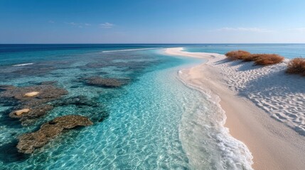 Turquoise Ocean Water Meets White Sand Beach Sandbar Under Clear Blue Sky Aerial View