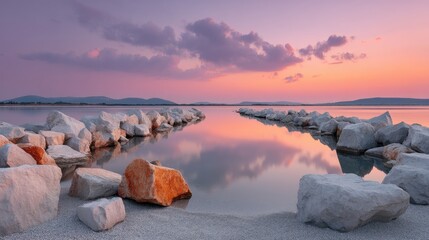 Twilight Seascape Horizon Glowing With Warm Pastel Hues Reflecting On Calm Water Surrounded By Rocky Shoreline Under Dramatic Cloudy Sky