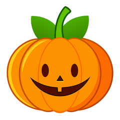 A cheerful, orange cartoon pumpkin with a carved smiling face and two green leaves on top, isolated on a white background.