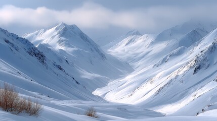 Vast Mountain Valley Covered in Snow Under a Cloudy Sky with Sunlight Breaking Through