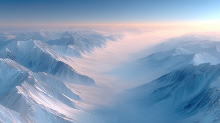Vast Snow Covered Mountain Range With Hazy Valley Under Soft Sunrise Light And Clear Sky Landscape View